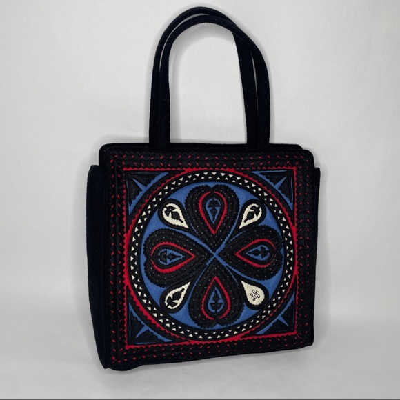 Lulu Guinness Tote Bag Black Blue Red Abstract Design Wool Shoulder Bag - Picture 1 of 14